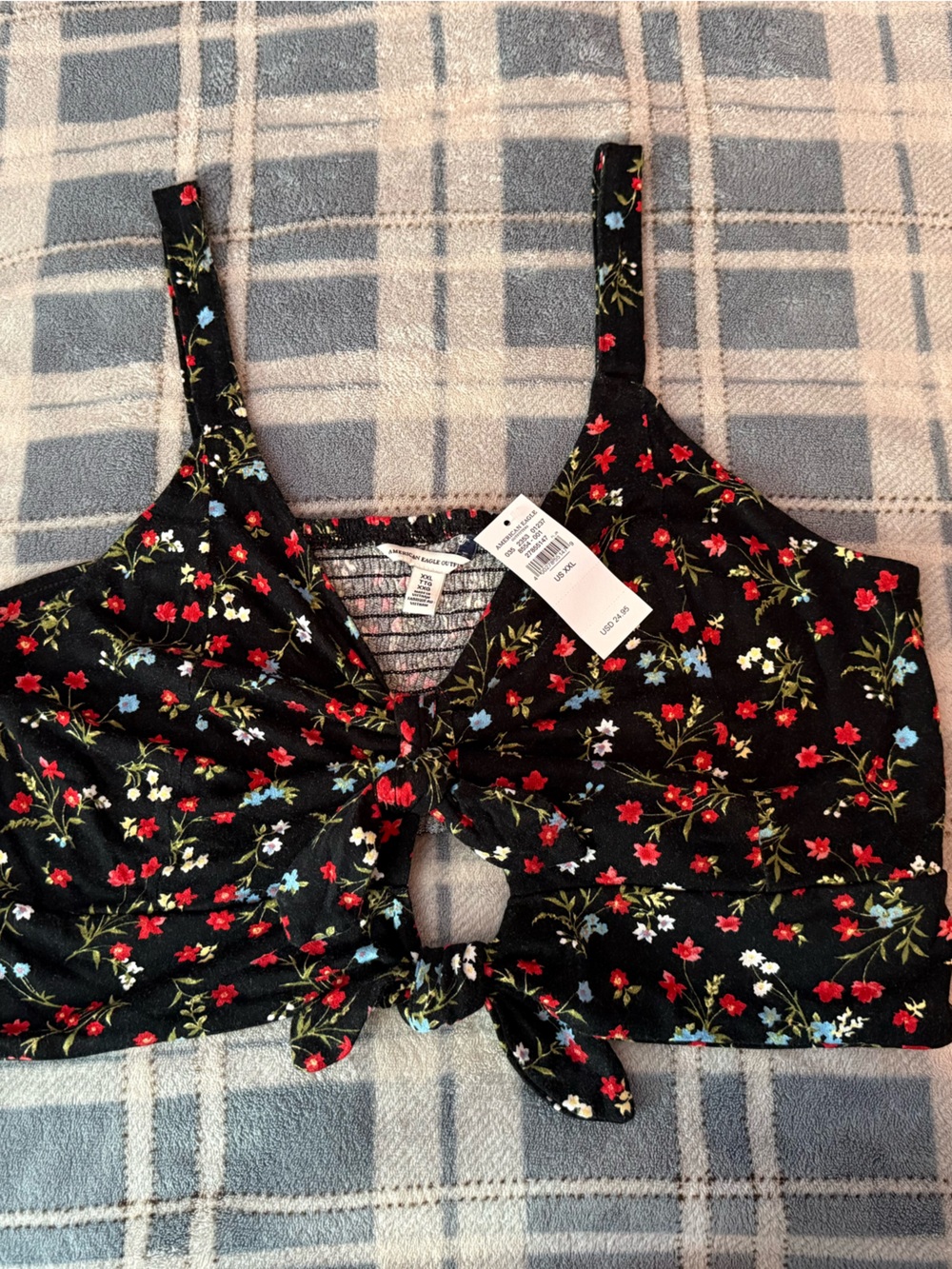 NWT American Eagle Black Floral Tie-Front Crop Top XXL